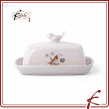 decal pattern stone ware butter dish Bird on lid decorative